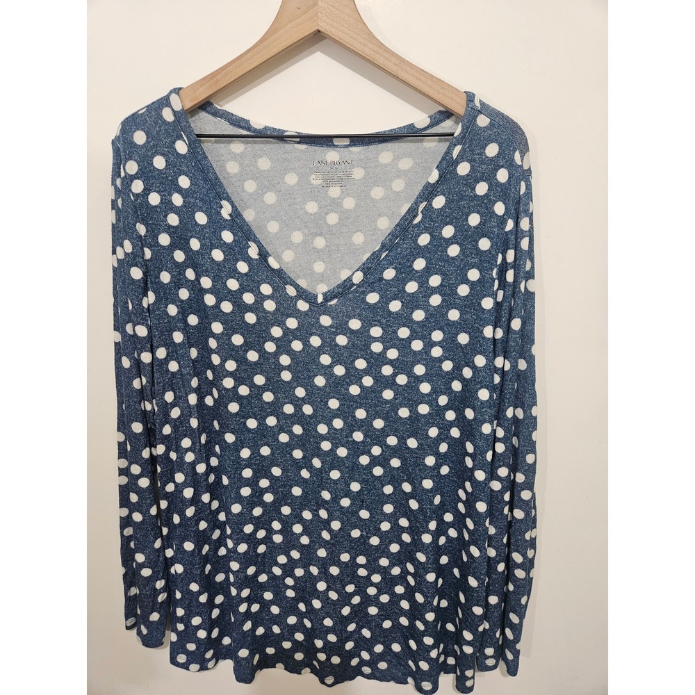 Lane Bryant Blue Polka Dot V-Neck‎ Long Sleeve Top Womens 14/16 L XL Heathered